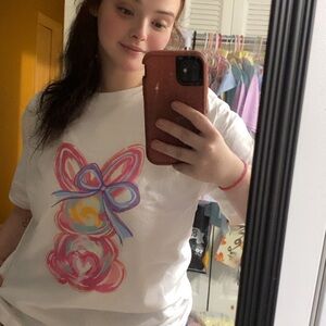 Pink and White Graphic Tee with Relaxed Fit